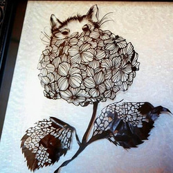 【猫と紫陽花】　オリジナル切り絵　額装 2枚目の画像