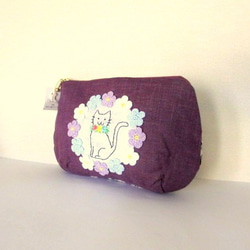 花貓刺繡小袋*紫羅蘭色B 第4張的照片