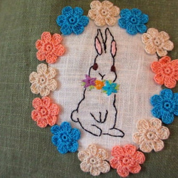 平板亞麻材質手提包＊花花和兔子刺繡圖案D 第2張的照片