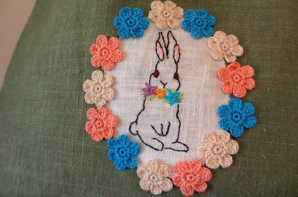 平板亞麻材質手提包＊花花和兔子刺繡圖案D 第2張的照片