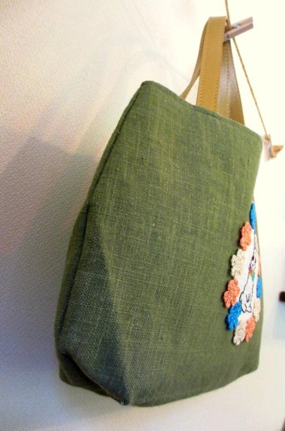 平板亞麻材質手提包＊花花和兔子刺繡圖案D 第3張的照片