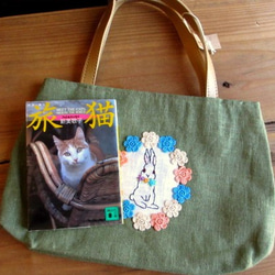 平板亞麻材質手提包＊花花和兔子刺繡圖案D 第5張的照片