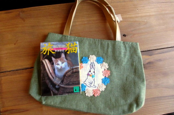 平板亞麻材質手提包＊花花和兔子刺繡圖案D 第5張的照片