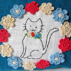 花花和貓咪亞麻材質萬用包＊土耳其藍C 第2張的照片