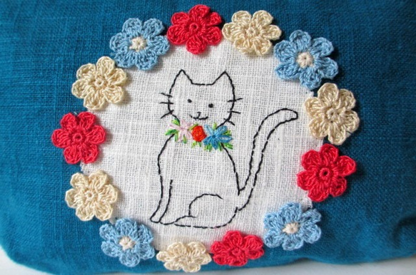 花花和貓咪亞麻材質萬用包＊土耳其藍C 第2張的照片