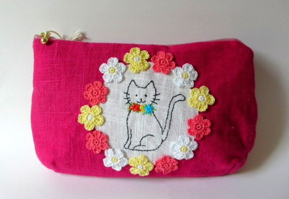 花花和貓咪亞麻材質萬用包＊玫瑰粉Ｄ 第1張的照片