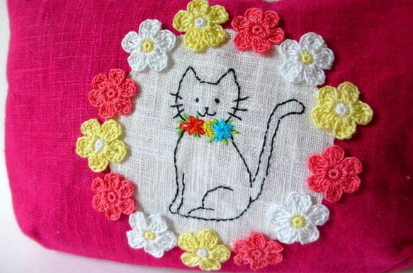 花花和貓咪亞麻材質萬用包＊玫瑰粉Ｄ 第2張的照片