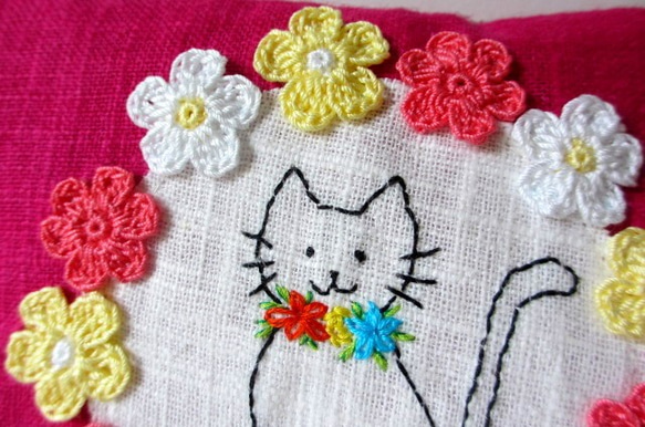 花花和貓咪亞麻材質萬用包＊玫瑰粉Ｄ 第3張的照片