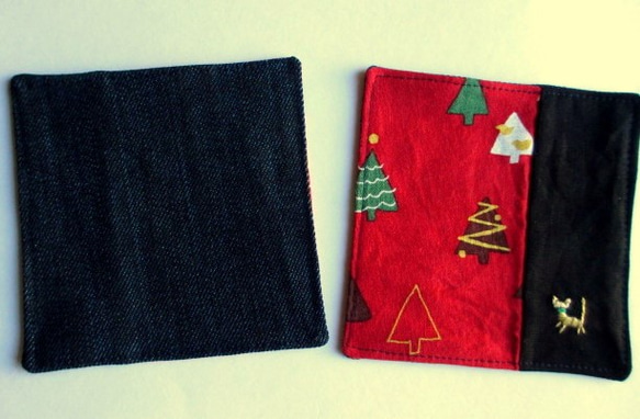 クリスマスネコの刺繍ペアセット＊コースター２＆マット２ 6枚目の画像