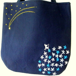 銀色猫と流れ星＊手提げバッグ ブルー 2枚目の画像