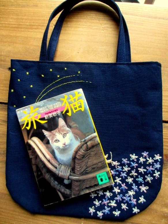 銀色猫と流れ星＊手提げバッグ ブルー 6枚目の画像