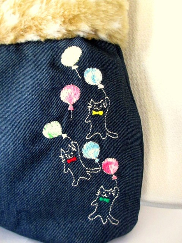 牛仔和毛皮貓刺繡包*飛氣球貓漸變色 第2張的照片