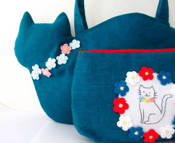 creema limited [夏季幸運袋]平板亞麻貓包和貓刺繡袋*綠松石藍 第2張的照片