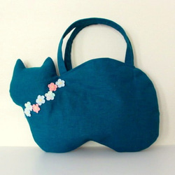 creema limited [夏季幸運袋]平板亞麻貓包和貓刺繡袋*綠松石藍 第3張的照片