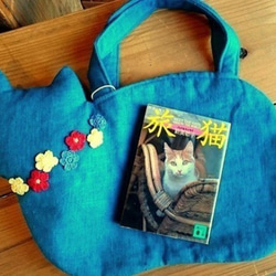 creema limited [夏季幸運袋]平板亞麻貓包和貓刺繡袋*綠松石藍 第7張的照片