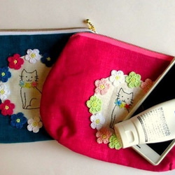creema limited [夏季幸運袋]平板亞麻貓包和貓刺繡袋*綠松石藍 第10張的照片