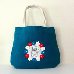 スラブリネン お花と猫の手提げバッグ＊ターコイズブルー 2枚目の画像