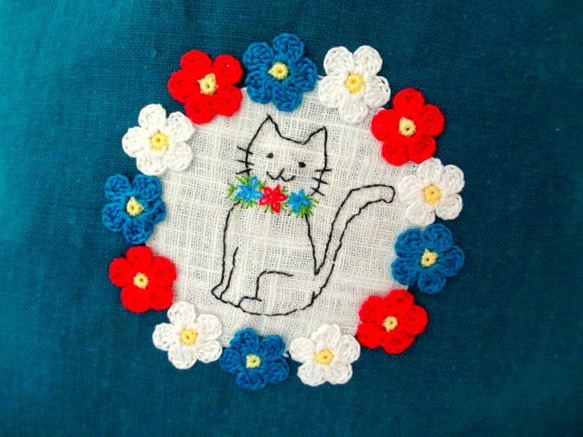 スラブリネン お花と猫の手提げバッグ＊ターコイズブルー 3枚目の画像