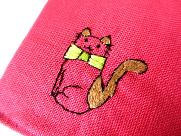 貓刺繡書套粉紅*棕色貓 第2張的照片