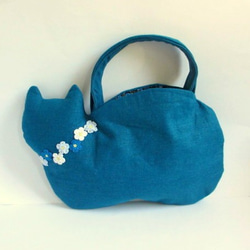 スラブリネン お花の猫バッグ ターコイズブルーA 1枚目の画像