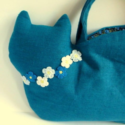 スラブリネン お花の猫バッグ ターコイズブルーA 2枚目の画像