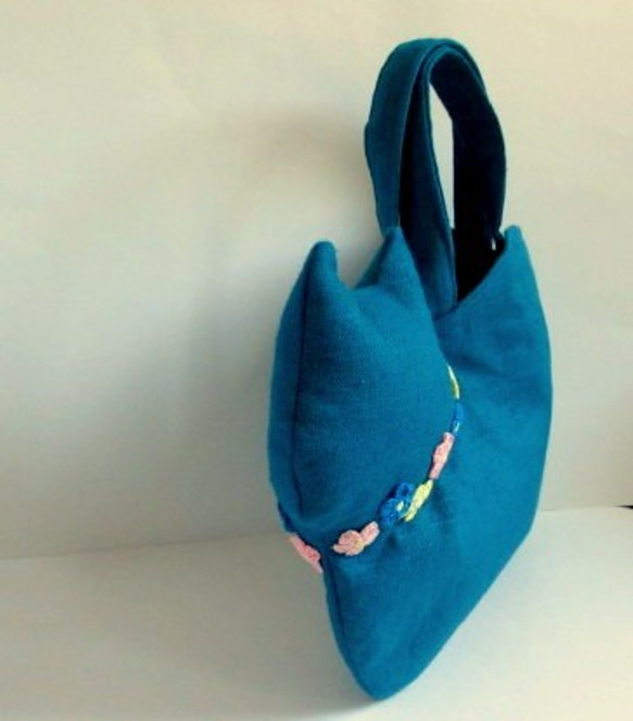 スラブリネン お花の猫バッグ ターコイズブルーC 5枚目の画像
