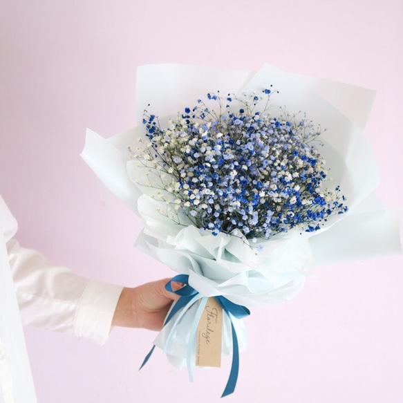 【特集掲載】blue mix baby's breath bouquet （ブルーかすみそう花束）母の日インテリアギフト 2枚目の画像