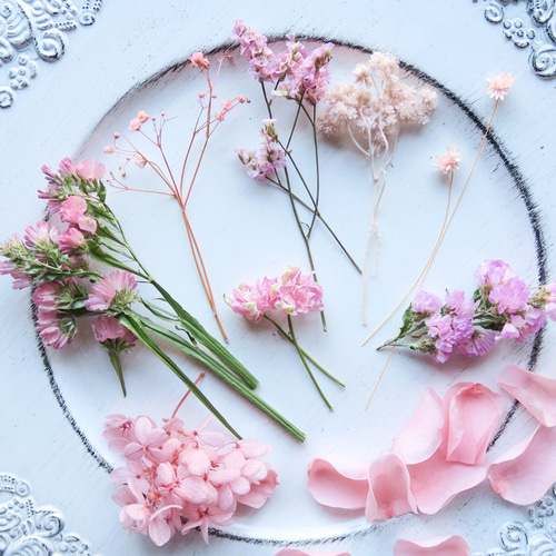ドライフラワーブライダルブーケ　パームフラワー　　さくらピンク　クラシカル 春の桜ピンク花材セット ドライフラワー プリザーブドフラワー