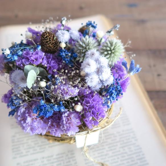 Modern purpleblue mini flower basket　バスケットギフト　ドライフラワーパープル 2枚目の画像