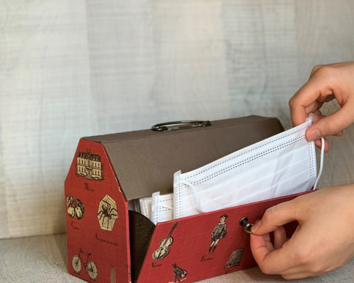受注制作】マスク 収納ボックス ＊アンティーク風生地＊赤＊フロント