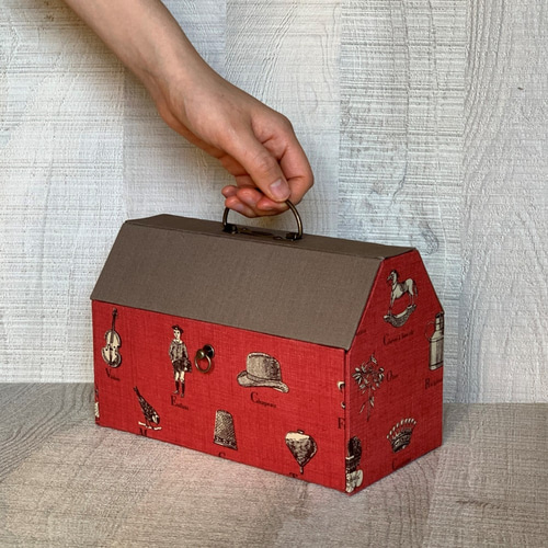 受注制作】マスク 収納ボックス ＊アンティーク風生地＊赤＊フロント