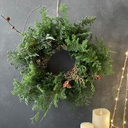 森のクリスマスリース♡グリーンのナチュラルリース　40cm クリスマスギフト　ヒムロスギ 2枚目の画像
