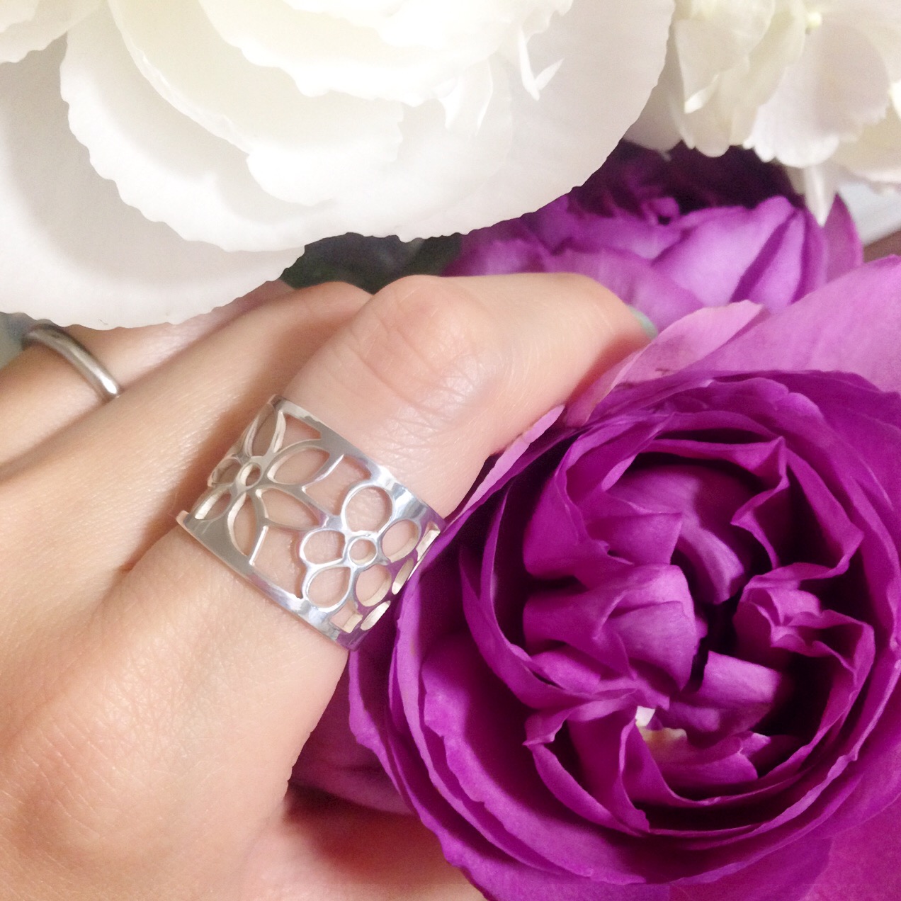 【受注製作】リング／シルバー 絵画なリング：花 ※7-20号