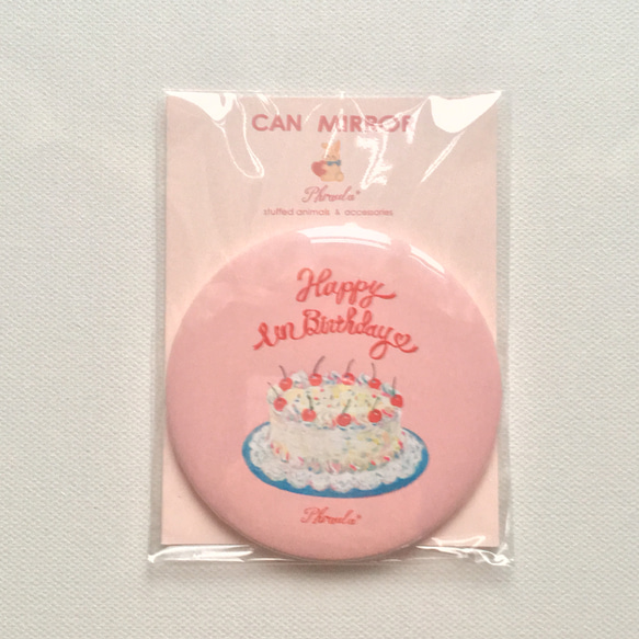 " Happy Un Birthday " 缶ミラー ピンク×ホワイトケーキ 1枚目の画像