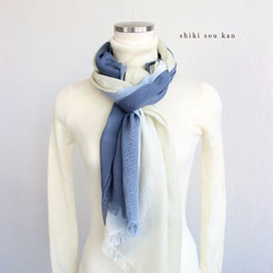 Hand made☆cotton stole☆navy blue×ivory T17316 第2張的照片