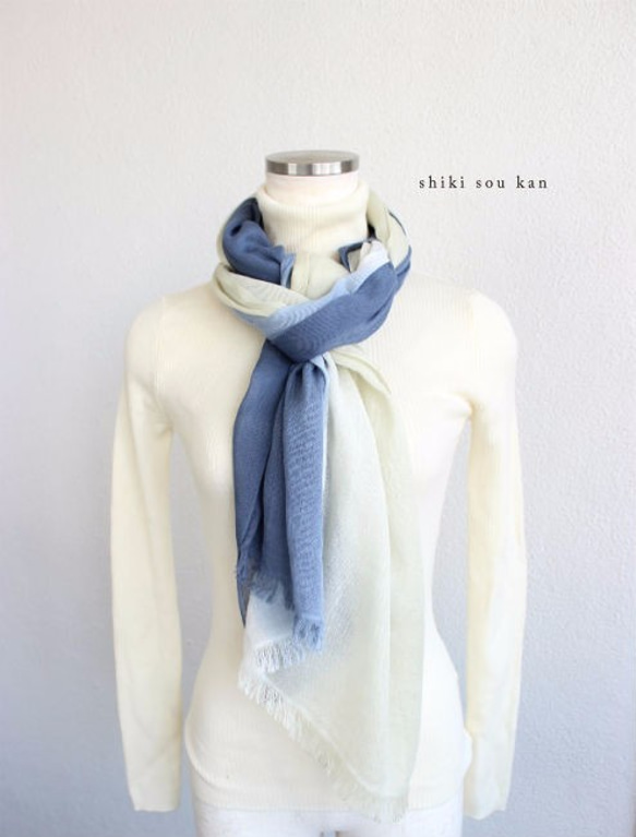 Hand made☆cotton stole☆navy blue×ivory T17316 第2張的照片