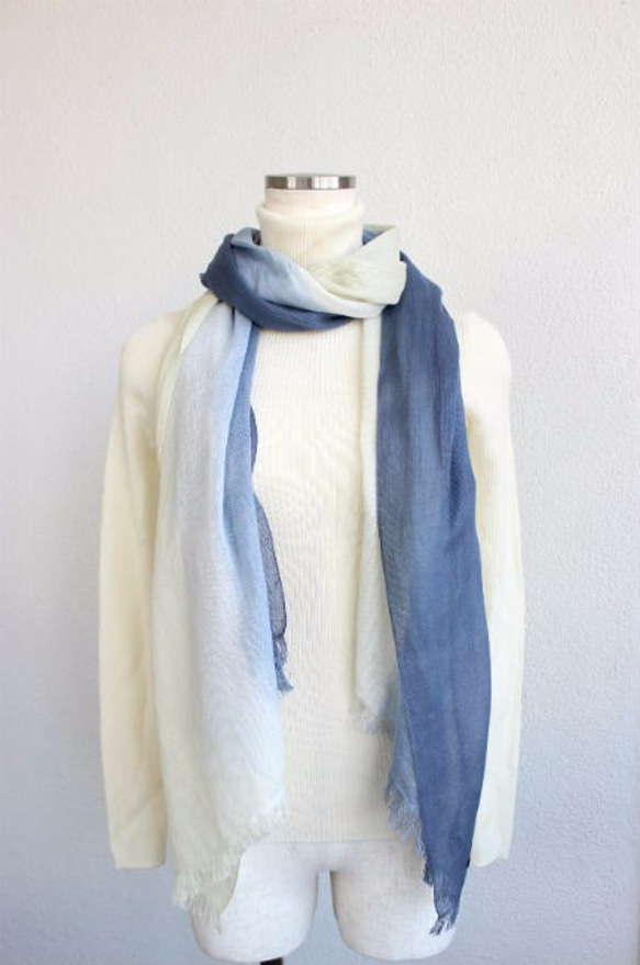 Hand made☆cotton stole☆navy blue×ivory T17316 第6張的照片
