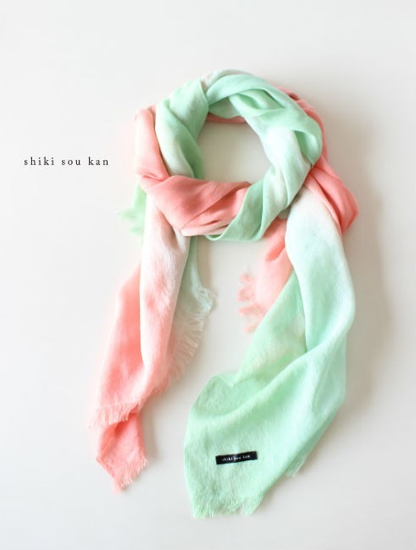 spring☆salmon pink×mint green☆Handmade cotton stole Ｔ18328 第1張的照片