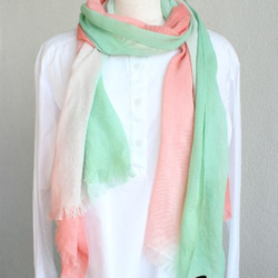 spring☆salmon pink×mint green☆Handmade cotton stole Ｔ18328 第2張的照片