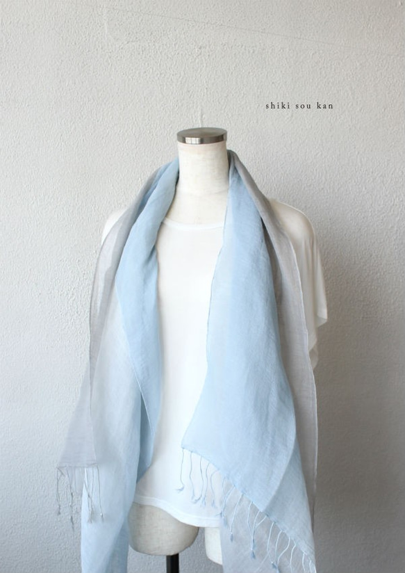 japanese seiryu-blue × grey★cotton linen stole Ｔ19364 第3張的照片