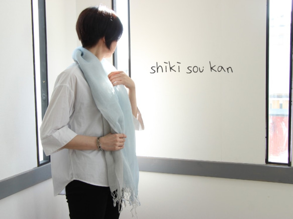 japanese seiryu-blue × grey★cotton linen stole Ｔ19364 第1張的照片