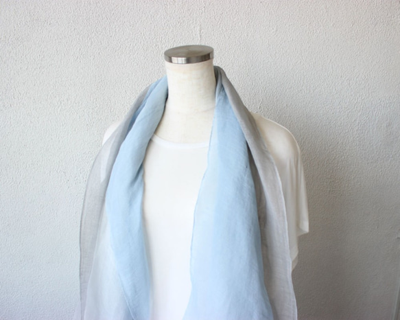 japanese seiryu-blue × grey★cotton linen stole Ｔ19364 第4張的照片