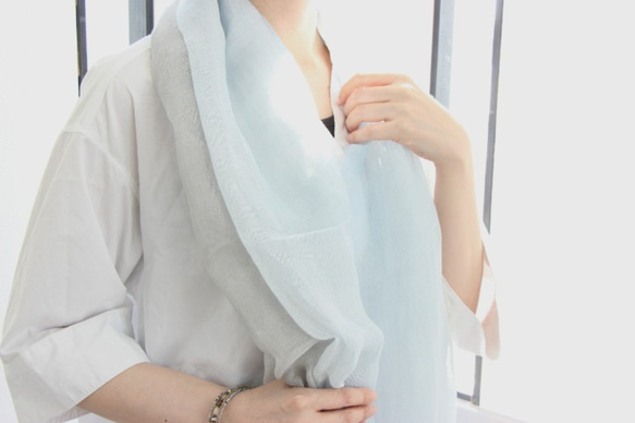 japanese seiryu-blue × grey★cotton linen stole Ｔ19364 第2張的照片