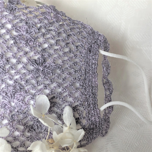 ❀手編みマスクカバー　ラベンダー色　　小花模様　麻１００%　繊細レース編み　 3枚目の画像