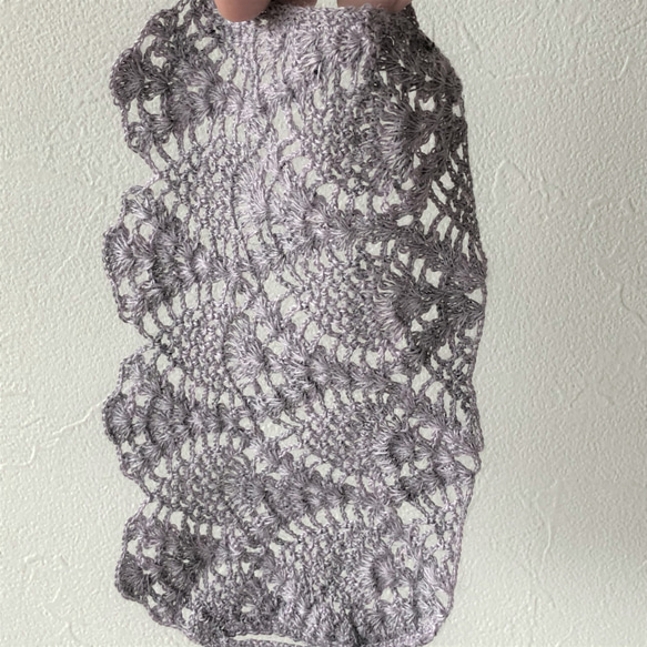 ❀手編みマスクカバー　ラベンダー色　　麻１００%　繊細レース編み　 2枚目の画像
