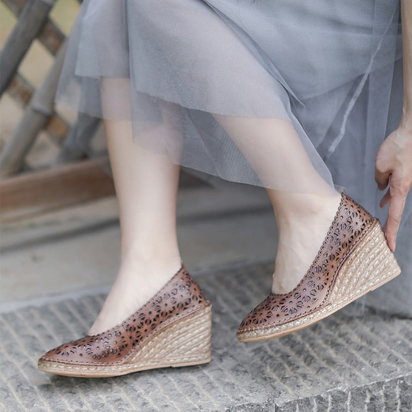 ウェッジ サンダル 革 靴 レトロ 手作り 靴 レディース ハイヒール サンダル ヒール 厚底春の福袋  母の日 5枚目の画像
