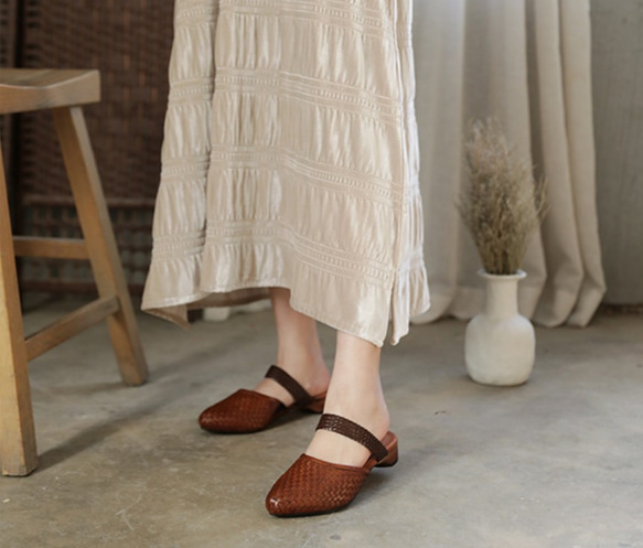 プレゼント 革 編みこみ キャップ サンダル 女性 ローヒール春の福袋  母の日  春 ワンピースに合う靴 3枚目の画像