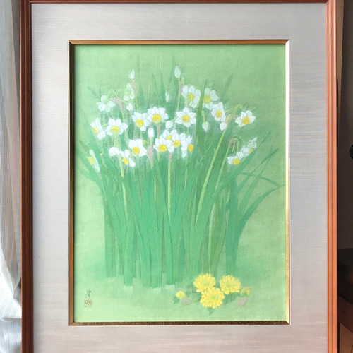 花 絵 植物画 癒し 優しい インテリア 額入り 日本画『水仙 花 絵 植物画 癒し 優しい インテリア 額入り 日本画『水仙