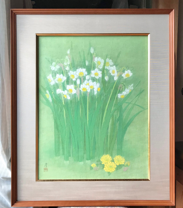 花　絵　植物画　癒し　優しい　インテリア　額入り　日本画　『水仙』 1枚目の画像