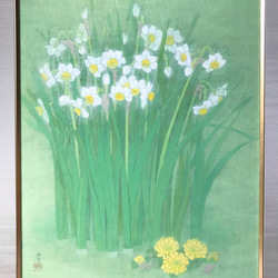 花　絵　植物画　癒し　優しい　インテリア　額入り　日本画　『水仙』 2枚目の画像